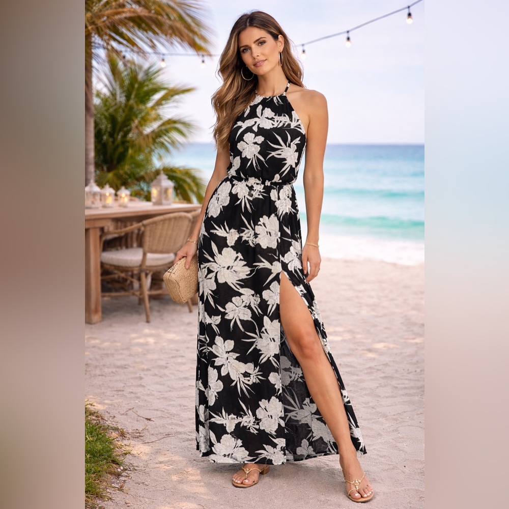 Show Me Your MuMu Heather Halter Maxi dress Floral open back high slit small